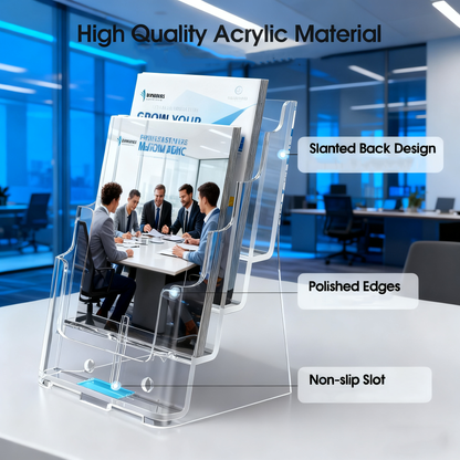 Acrylic Brochure Holder 8.5x11 inch, 1 Pack 4 Tier Clear Literature Organizer Stand with Removable Divider, Wall Mount or Countertop Display for 4 x 9 inch Magazines, Flyers, Pamphlets
