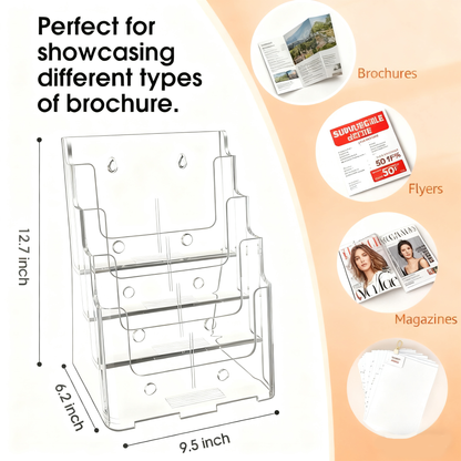 Acrylic Brochure Holder 8.5x11 inch, 1 Pack 4 Tier Clear Literature Organizer Stand with Removable Divider, Wall Mount or Countertop Display for 4 x 9 inch Magazines, Flyers, Pamphlets