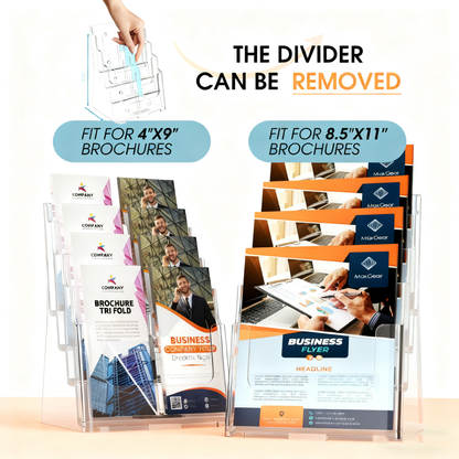 Acrylic Brochure Holder 8.5x11 inch, 1 Pack 4 Tier Clear Literature Organizer Stand with Removable Divider, Wall Mount or Countertop Display for 4 x 9 inch Magazines, Flyers, Pamphlets