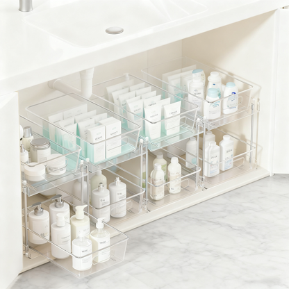 Acrylic Bathroom Organizer，4 Pack 2-Tier Clear Under Sink Organizers Vanity Countertop Storage Container,Cabinet Drawers Bins, Pull-Out Organization with Track for Pantry, Kitchen