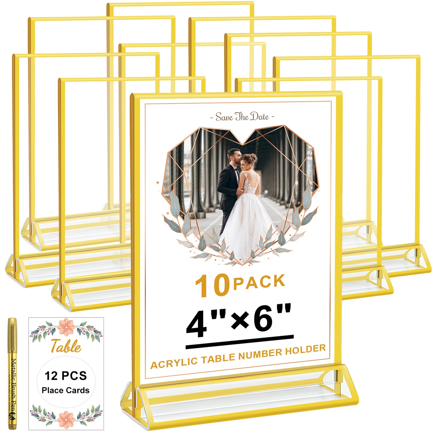 Acrylic Gold Sign Holder, 4 x 6 Gold Picture Frames Clear Double Sided Menu Holder for Wedding Table Number 10 Pack