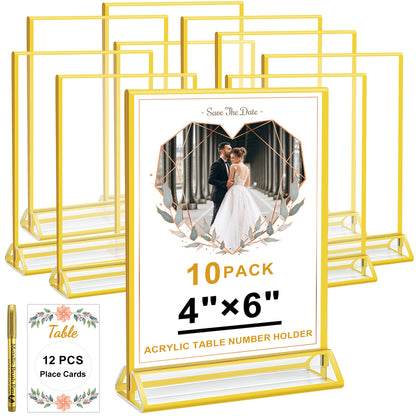 Acrylic Gold Sign Holder, 4 x 6 Gold Picture Frames Clear Double Sided Menu Holder for Wedding Table Number 10 Pack