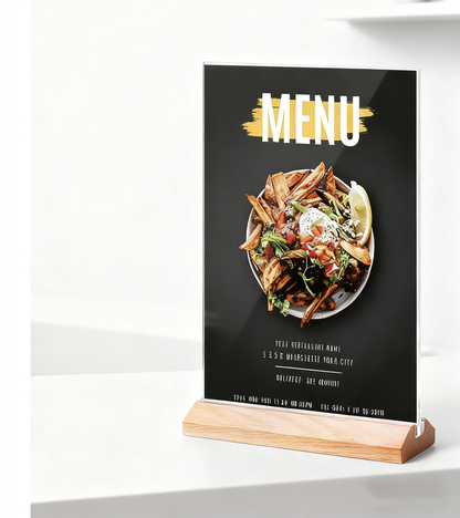 Acrylic Sign Holder 3 Pack 5”x7”，Slant Back Design L Shape/Vertical，Clear Acrylic Holder Wooden base, Slanted Back Menu Holder for Restaurant, Office, Wedding, or Retail Counter
