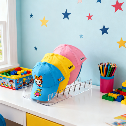 Clear Acrylic Hat Organiser for Baseball Caps 2 Pack，No Install Desktop Display Stand for 14 Caps，Transparent Cap Rack Holder for Closet, Dresser & Office