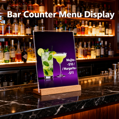 Acrylic Sign Holder 3 Pack 5”x7”，Slant Back Design L Shape/Vertical，Clear Acrylic Holder Wooden base, Slanted Back Menu Holder for Restaurant, Office, Wedding, or Retail Counter