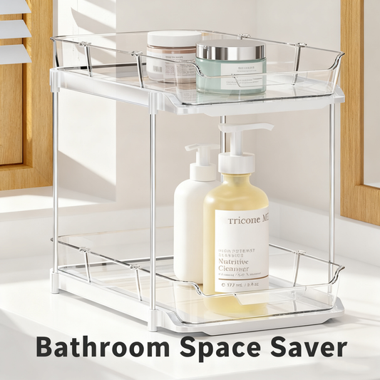 Acrylic Clear Stackable Countertop Organizer，2 Pack 2-Tier Multi-Purpose Cabinet & Vanity Storage Bin Set for Bathroom, Kitchen, Living Room & Office