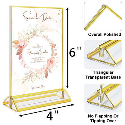 Acrylic Gold Sign Holder, 4 x 6 Gold Picture Frames Clear Double Sided Menu Holder for Wedding Table Number 10 Pack