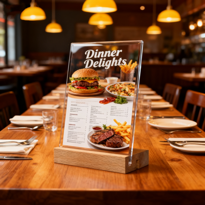 Acrylic Sign Holder with Wood Base 8.5 x 11”  3 Pack L/T Versatile Vertical/Slant Back Display Holder for Wedding, Restaurant Menu, Store, Office, Hote Counters