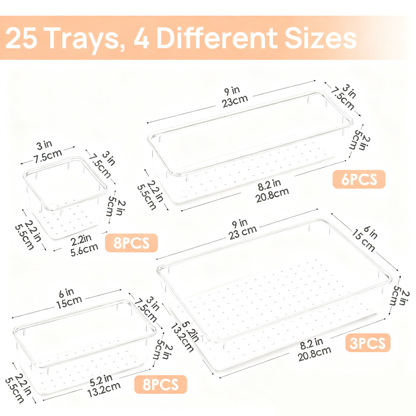 Acrylic Clear Versatile Drawer Organizer Set 25-Piece, 4-Size Transparent Trays for Makeup, Jewelry, Kitchen & Office Drawers Organizer Box，Non-Slip Silicone Pads Included