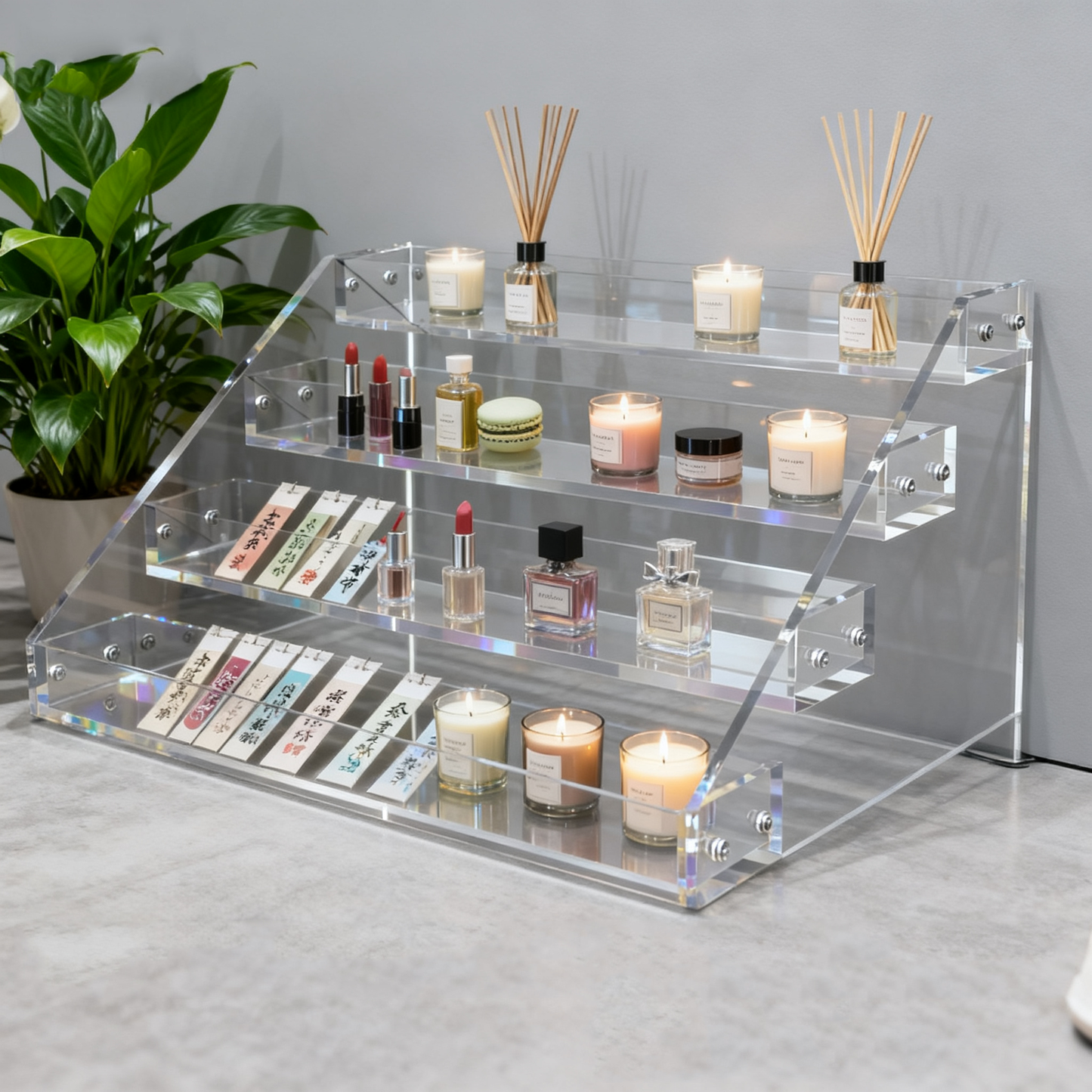 12" Acrylic Riser Display Stands - 4 Tier Clear Acrylic Display Shelf, Double Sided Usable, Makeup, Collectibles, Cupcakes & Dessert Table Decoration Acrylic Shelves for Funko Pop Figures , Cupcake, Candy Food