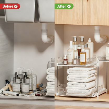 Acrylic Clear Stackable Countertop Organizer，2 Pack 2-Tier Multi-Purpose Cabinet & Vanity Storage Bin Set for Bathroom, Kitchen, Living Room & Office