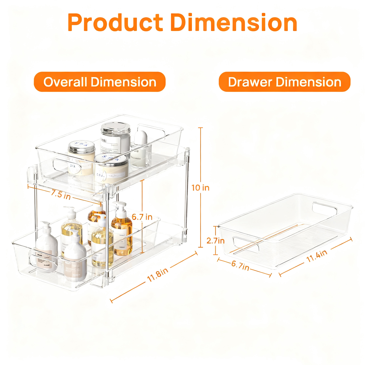 Acrylic Bathroom Organizer，4 Pack 2-Tier Clear Under Sink Organizers Vanity Countertop Storage Container,Cabinet Drawers Bins, Pull-Out Organization with Track for Pantry, Kitchen
