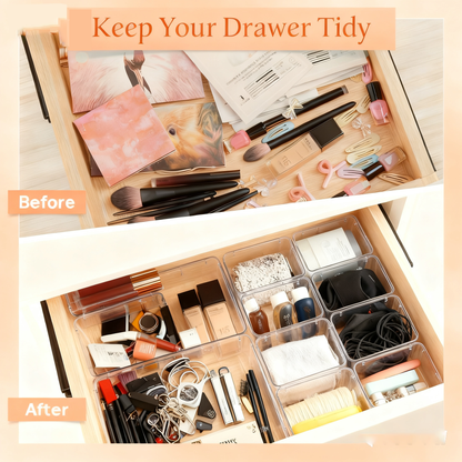 Acrylic Clear Versatile Drawer Organizer Set 25-Piece, 4-Size Transparent Trays for Makeup, Jewelry, Kitchen & Office Drawers Organizer Box，Non-Slip Silicone Pads Included