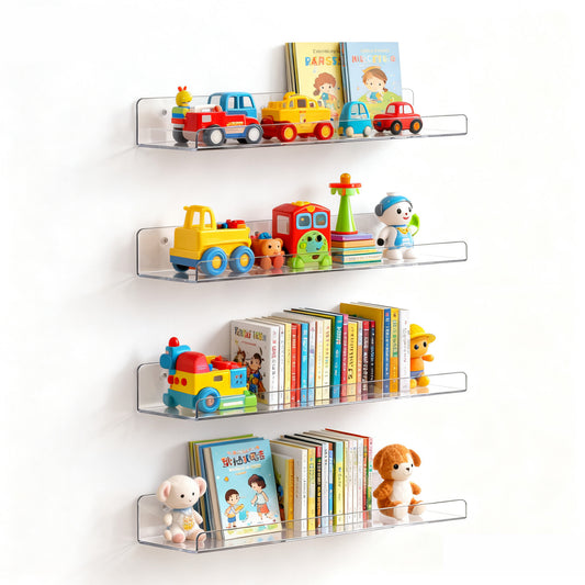 Acrylic Clear Floating Shelves for Wall, 4 Pack 15"  Bathroom Storage Organizer for Perfume, Makeup, Skincare, Kids Bookshelf for Bedroom, Living Room，Nursery Decor,Room Decor， Kitchen Storage