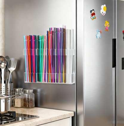 Acrylic Straw Holder for Countertop 9.5”，Clear Kitchen Organizer for Straws、Chopsticks、cutlery，Durable Plastic Dispenser for Home or Office，Small Kitchen Accessories Container, Ultra Sticky Cupboard Door Mounted