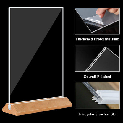 Acrylic Sign Holder 8.5 x 11 Clear Table Signs Stand with Wood Base, Double Sided Menu Display 3 Pack