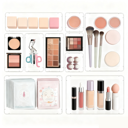 Acrylic Clear Versatile Drawer Organizer Set 25-Piece, 4-Size Transparent Trays for Makeup, Jewelry, Kitchen & Office Drawers Organizer Box，Non-Slip Silicone Pads Included