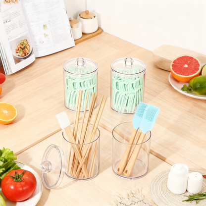 Acrylic Cotton Clear Round & Dispenser with Lid 4 Pack ，Large Transparent Makeup Vanity Organizer for Cotton Swabs, Pads & Floss Picks – Durable Plastic Bathroom Canister