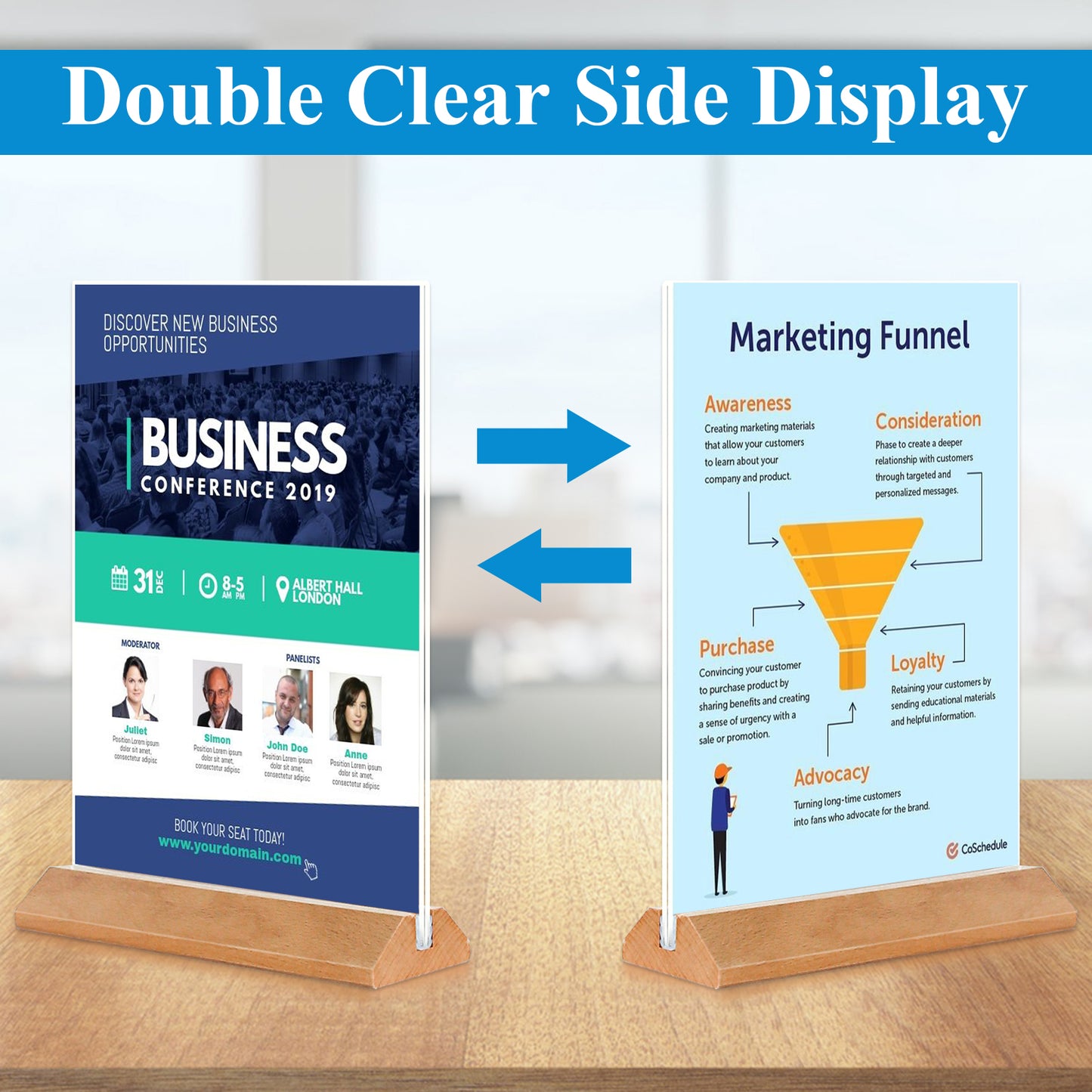 Acrylic Sign Holder 8.5 x 11 Clear Table Signs Stand with Wood Base, Double Sided Menu Display 3 Pack