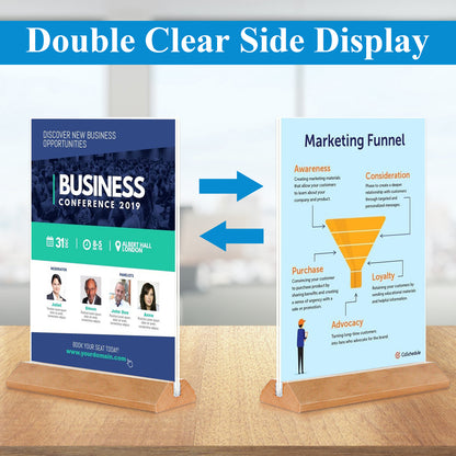 Acrylic Sign Holder 8.5 x 11 Clear Table Signs Stand with Wood Base, Double Sided Menu Display 3 Pack