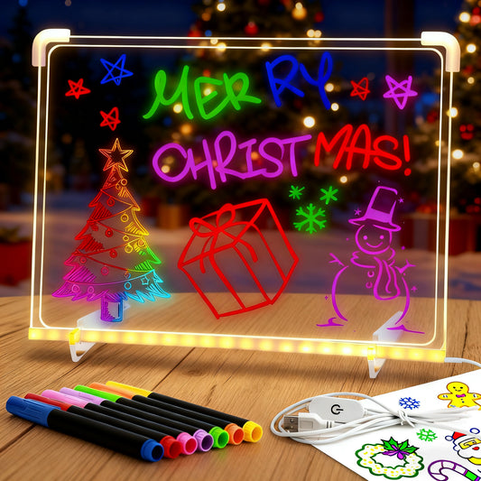 LED Drawing Board for Kids 13.7"x10" Inch,Illuminated Drawing Board with 7 Color Pens and Stand, Markers & Dishcloth, Dry Erase Reusable for Kids' Doodling, Home Decor, Office，School Presentation, Christmas&Halloween Gift