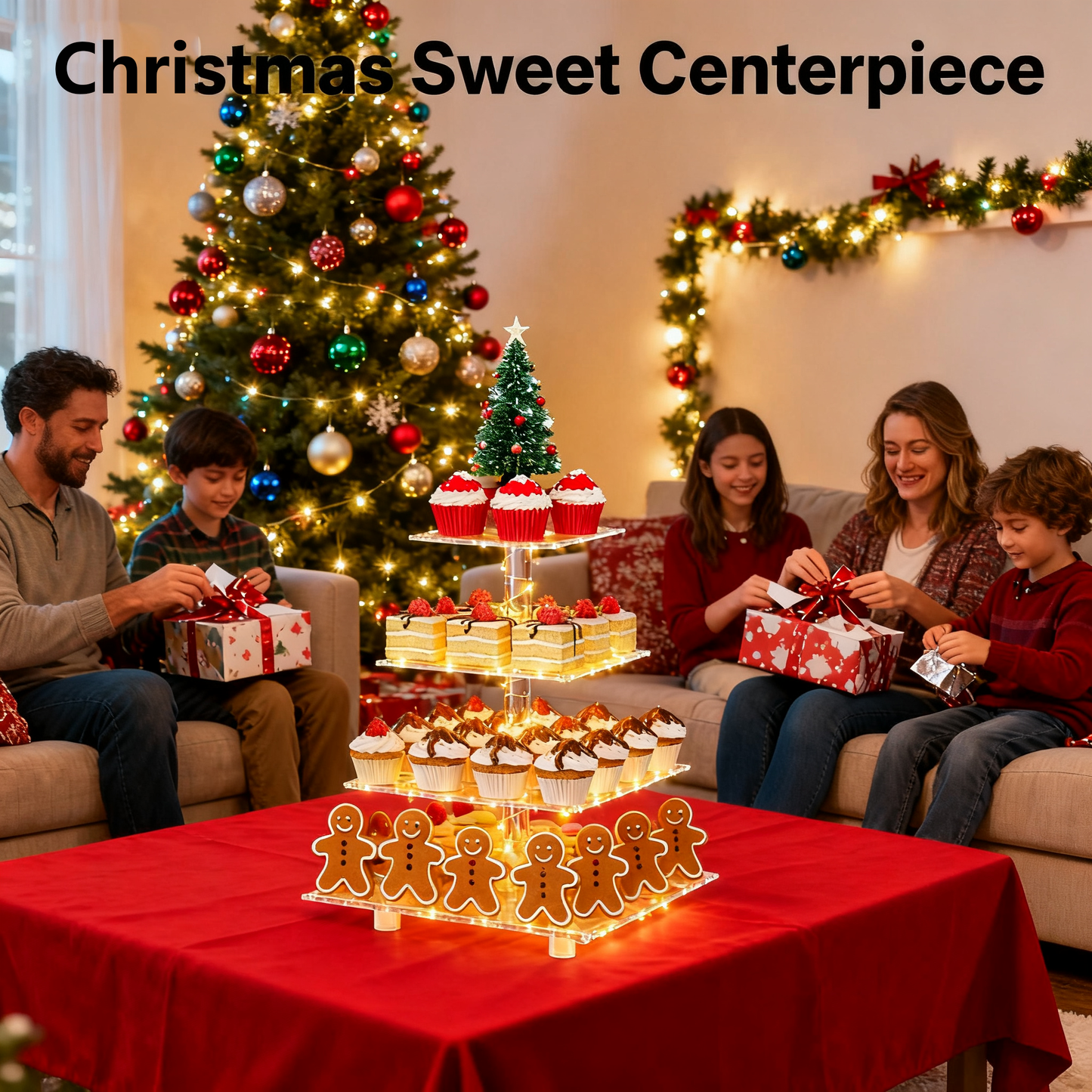 4 Tier Cupcake Acrylic Display Clear Stand Clearwith LED Light Premium Holder Dessert Tree Tower for Birthday ，Weddings, Parties Events，Afternoon Tea Gatherings ，Holiday Dessert Exhibition(Yellow Light)