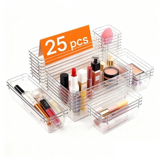 Acrylic Clear Versatile Drawer Organizer Set 25-Piece, 4-Size Transparent Trays for Makeup, Jewelry, Kitchen & Office Drawers Organizer Box，Non-Slip Silicone Pads Included