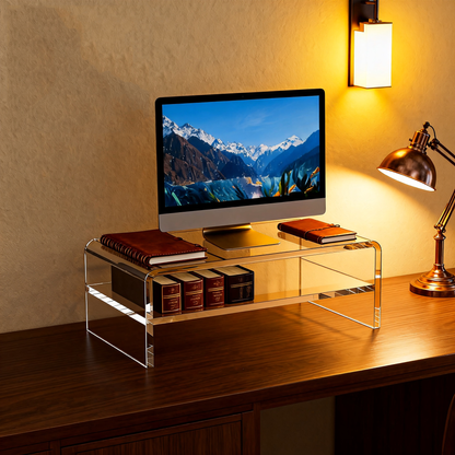 Acrylic Clear Monitor Stand Riser 2 Tier, 5.12" High Computer Shelf Organizer for Laptop, PC, Printer, and Media Storage Desk Organizer Shelf