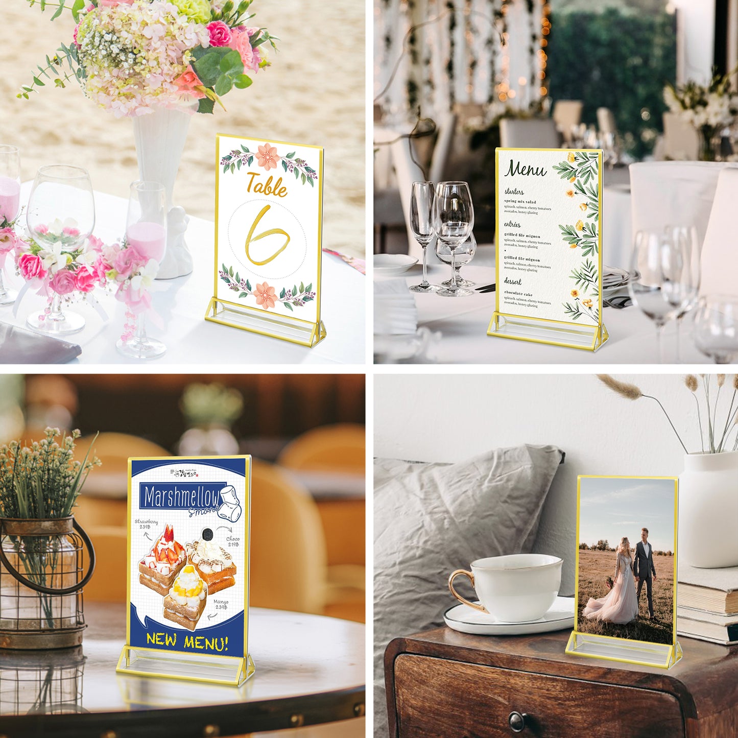 Acrylic Gold Sign Holder, 4 x 6 Gold Picture Frames Clear Double Sided Menu Holder for Wedding Table Number 10 Pack