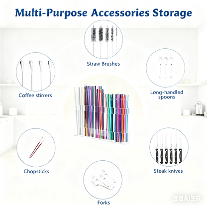 Acrylic Straw Holder for Countertop 9.5”，Clear Kitchen Organizer for Straws、Chopsticks、cutlery，Durable Plastic Dispenser for Home or Office，Small Kitchen Accessories Container, Ultra Sticky Cupboard Door Mounted