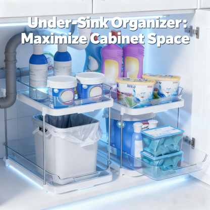 Acrylic Clear Stackable Countertop Organizer，2 Pack 2-Tier Multi-Purpose Cabinet & Vanity Storage Bin Set for Bathroom, Kitchen, Living Room & Office