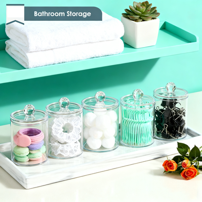 Acrylic Cotton Clear Round & Dispenser with Lid 4 Pack ，Large Transparent Makeup Vanity Organizer for Cotton Swabs, Pads & Floss Picks – Durable Plastic Bathroom Canister