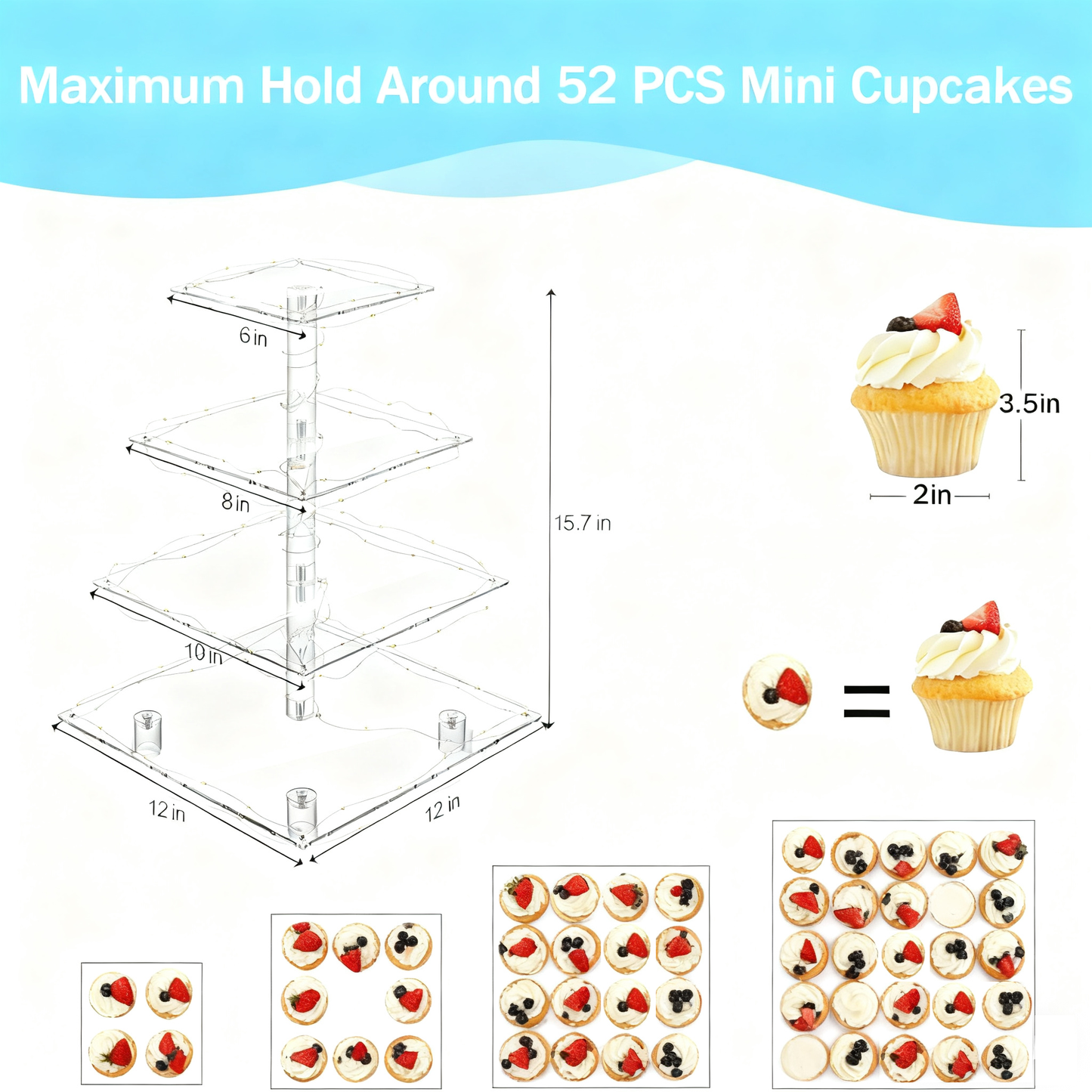 4 Tier Cupcake Acrylic Display Clear Stand Clearwith LED Light Premium Holder Dessert Tree Tower for Birthday ，Weddings, Parties Events，Afternoon Tea Gatherings ，Holiday Dessert Exhibition(Yellow Light)