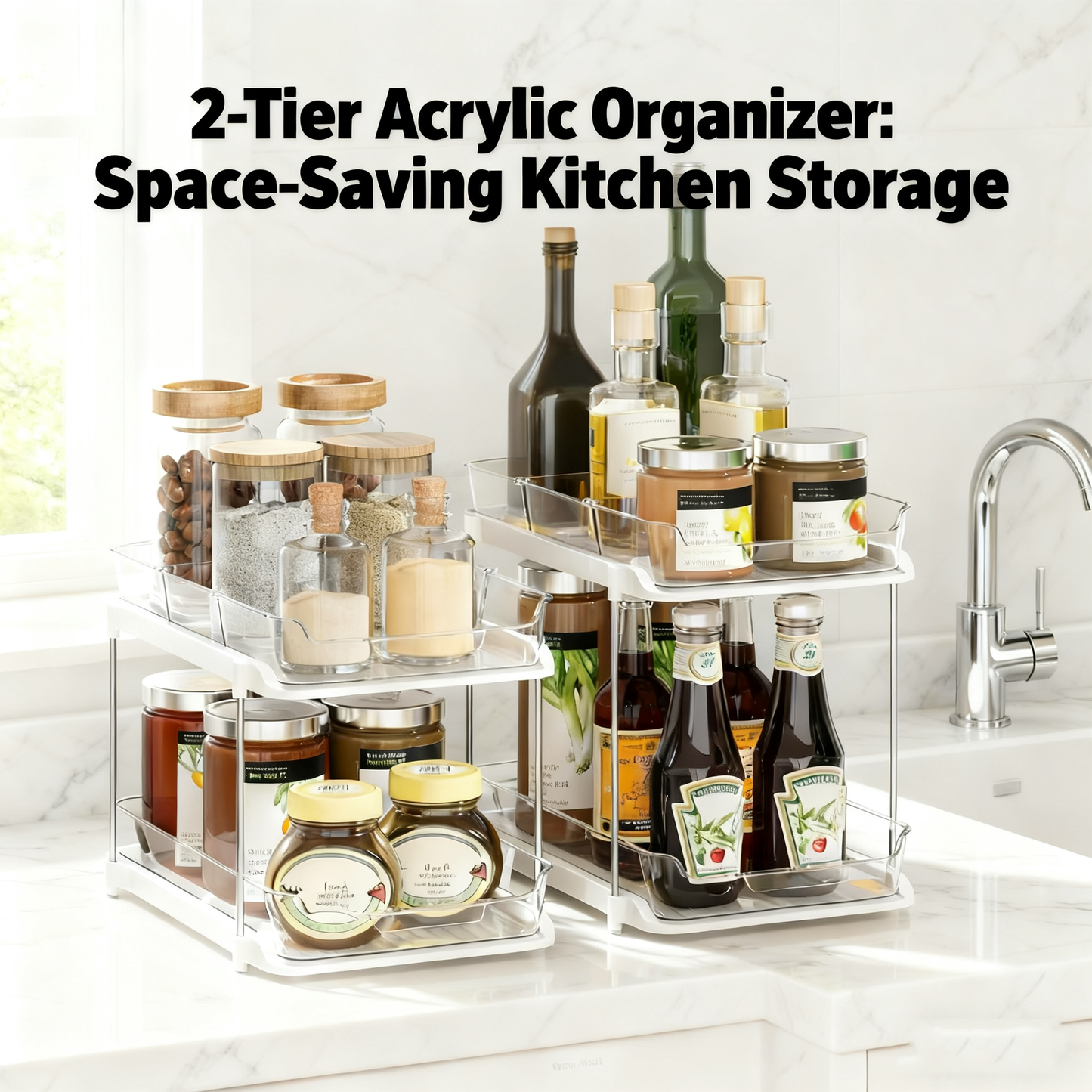 Acrylic Clear Stackable Countertop Organizer，2 Pack 2-Tier Multi-Purpose Cabinet & Vanity Storage Bin Set for Bathroom, Kitchen, Living Room & Office