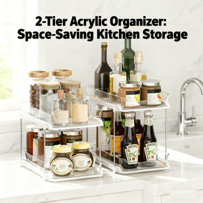 Acrylic Clear Stackable Countertop Organizer，2 Pack 2-Tier Multi-Purpose Cabinet & Vanity Storage Bin Set for Bathroom, Kitchen, Living Room & Office
