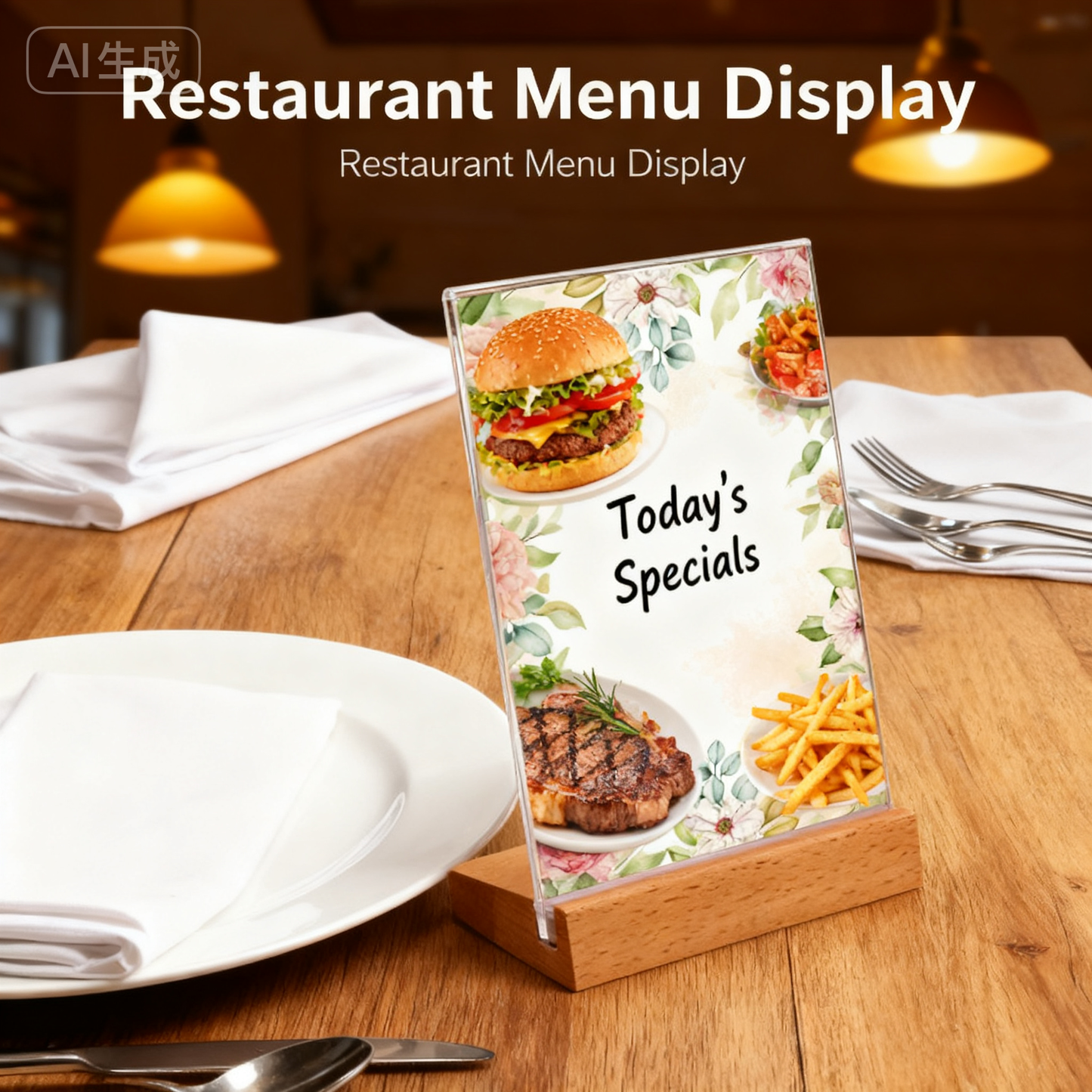 Acrylic Sign Holder 3 Pack 5”x7”，Slant Back Design L Shape/Vertical，Clear Acrylic Holder Wooden base, Slanted Back Menu Holder for Restaurant, Office, Wedding, or Retail Counter