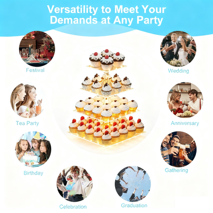 4 Tier Cupcake Acrylic Display Clear Stand Clearwith LED Light Premium Holder Dessert Tree Tower for Birthday ，Weddings, Parties Events，Afternoon Tea Gatherings ，Holiday Dessert Exhibition(Yellow Light)