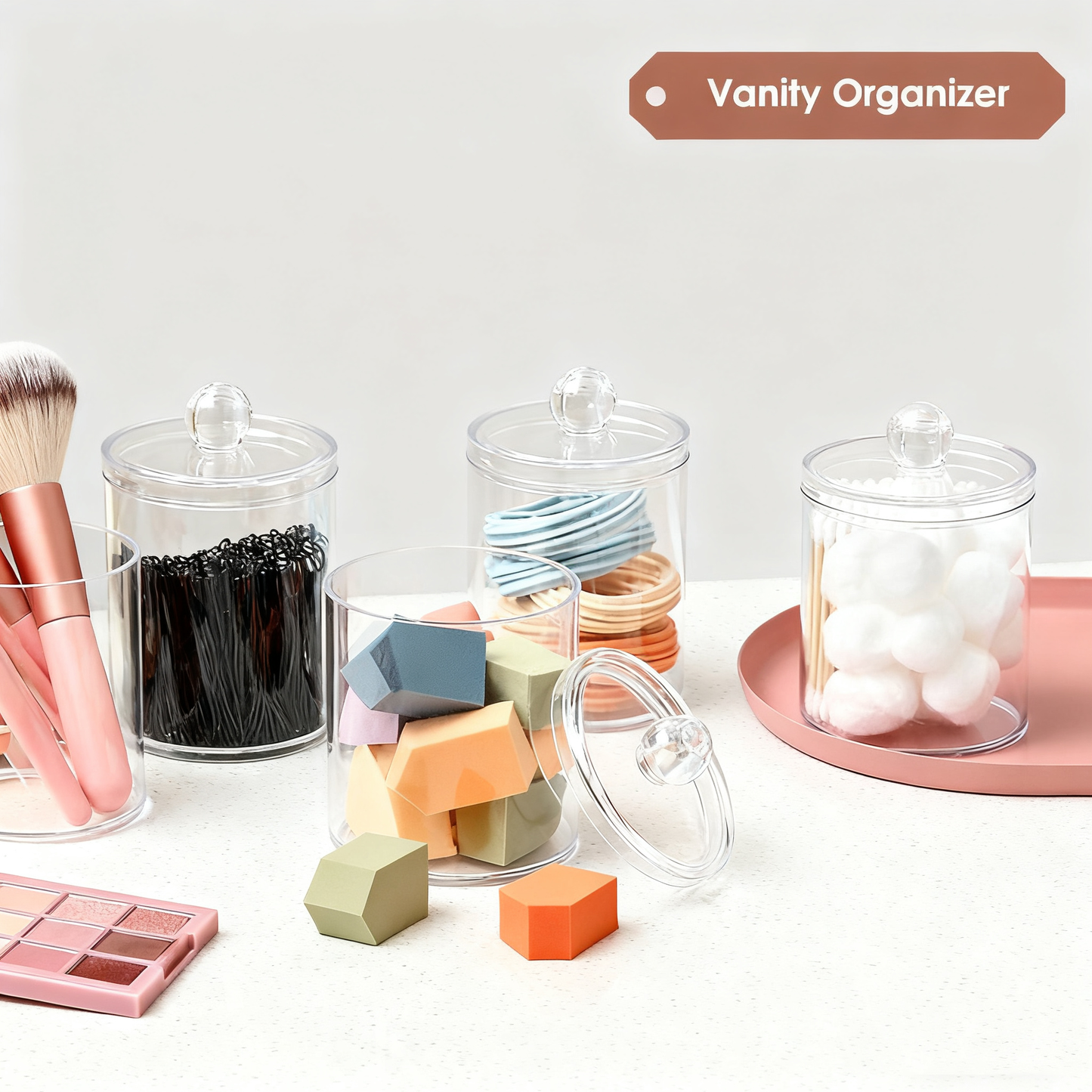 Acrylic Cotton Clear Round & Dispenser with Lid 4 Pack ，Large Transparent Makeup Vanity Organizer for Cotton Swabs, Pads & Floss Picks – Durable Plastic Bathroom Canister