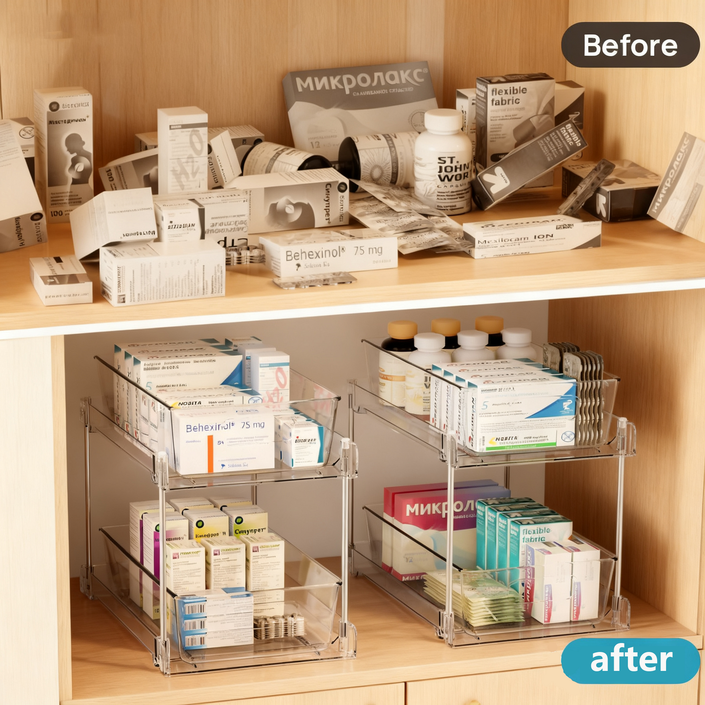 Acrylic Bathroom Organizer，4 Pack 2-Tier Clear Under Sink Organizers Vanity Countertop Storage Container,Cabinet Drawers Bins, Pull-Out Organization with Track for Pantry, Kitchen