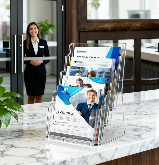 Acrylic Brochure Holder 8.5x11 inch, 1 Pack 4 Tier Clear Literature Organizer Stand with Removable Divider, Wall Mount or Countertop Display for 4 x 9 inch Magazines, Flyers, Pamphlets