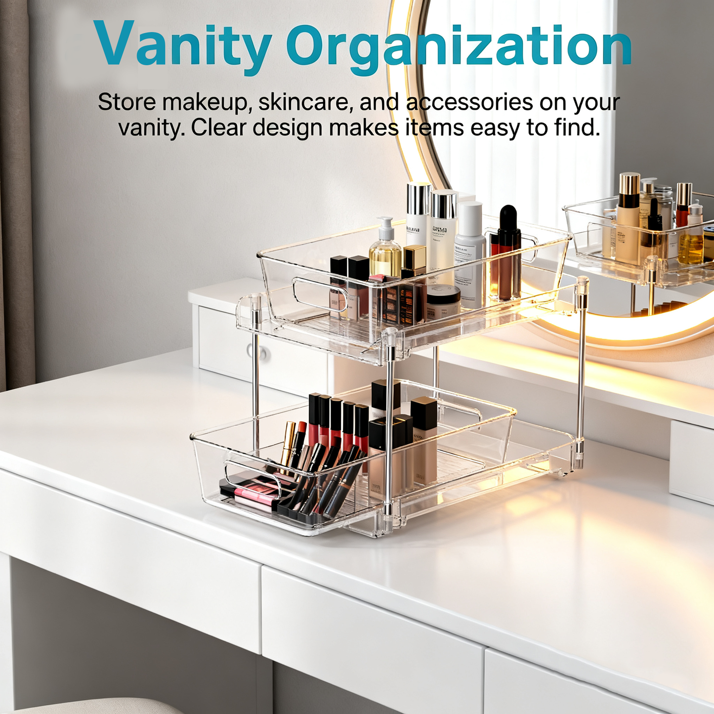 Acrylic Bathroom Organizer，4 Pack 2-Tier Clear Under Sink Organizers Vanity Countertop Storage Container,Cabinet Drawers Bins, Pull-Out Organization with Track for Pantry, Kitchen