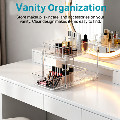 Acrylic Bathroom Organizer，4 Pack 2-Tier Clear Under Sink Organizers Vanity Countertop Storage Container,Cabinet Drawers Bins, Pull-Out Organization with Track for Pantry, Kitchen