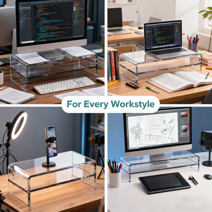 Acrylic Clear Monitor Stand Riser 2 Tier, 5.12" High Computer Shelf Organizer for Laptop, PC, Printer, and Media Storage Desk Organizer Shelf