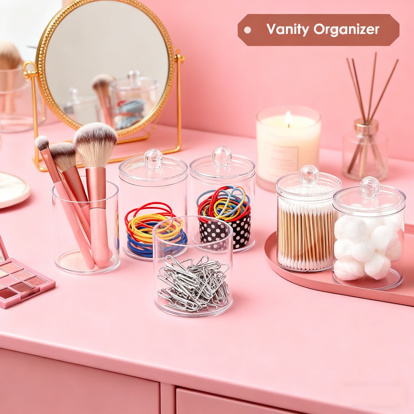 Acrylic Cotton Clear Round & Dispenser with Lid 4 Pack ，Large Transparent Makeup Vanity Organizer for Cotton Swabs, Pads & Floss Picks – Durable Plastic Bathroom Canister