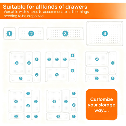 Acrylic Clear Versatile Drawer Organizer Set 25-Piece, 4-Size Transparent Trays for Makeup, Jewelry, Kitchen & Office Drawers Organizer Box，Non-Slip Silicone Pads Included