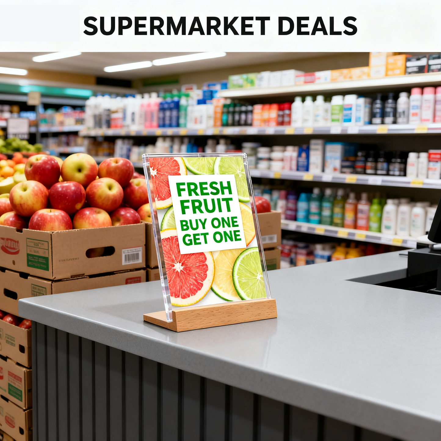 Acrylic Sign Holder 3 Pack 5”x7”，Slant Back Design L Shape/Vertical，Clear Acrylic Holder Wooden base, Slanted Back Menu Holder for Restaurant, Office, Wedding, or Retail Counter