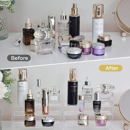 Comparison between messily placed cosmetics and those placed on display shelves