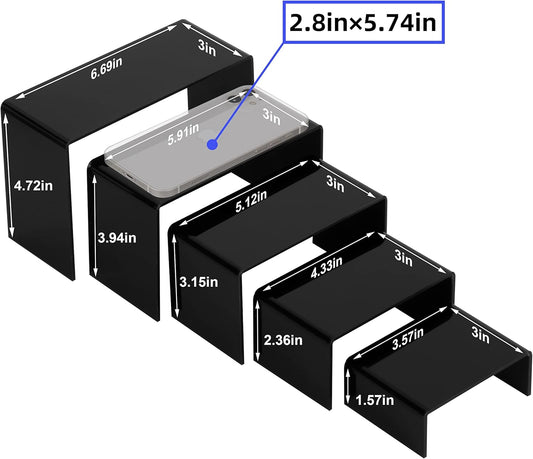 Acrylic Display Risers size: 6.69"x3"x4.72", 5.91"x3"x3.94", 5.12"x3"x3.15", 4.33"x3"x2.36",3.57"x3"x1.57"