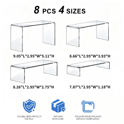 Acrylic Display Risers Set 8 Pcs 2 Set(7”L~8”L~9”L) Acrylic Display Set Rectangular Stands Shelf Clear Display Risers for Decor, Cake Shelves Retail Shoe Showcase，Perfume & Collectibles，Home Decoration