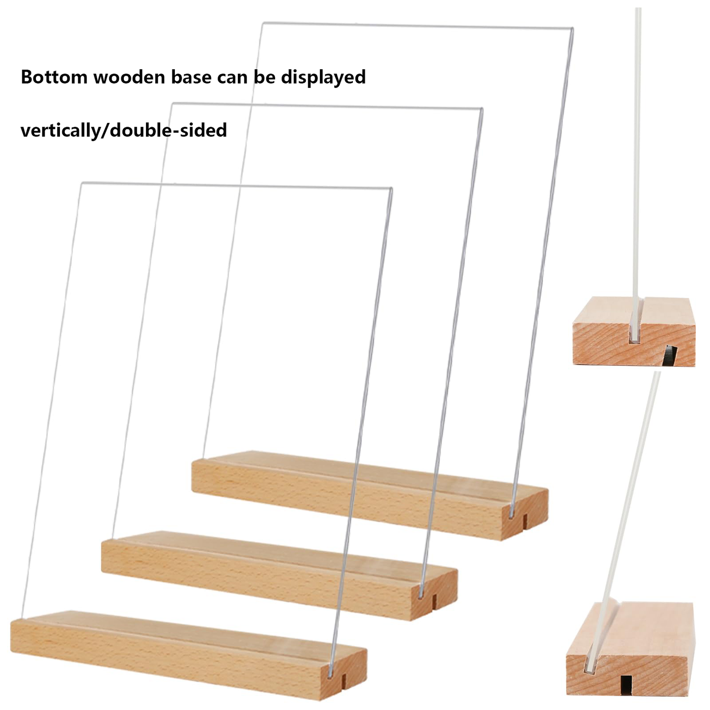 Acrylic Sign Holder with Wood Base 8.5 x 11”  3 Pack L/T Versatile Vertical/Slant Back Display Holder for Wedding, Restaurant Menu, Store, Office, Hote Counters